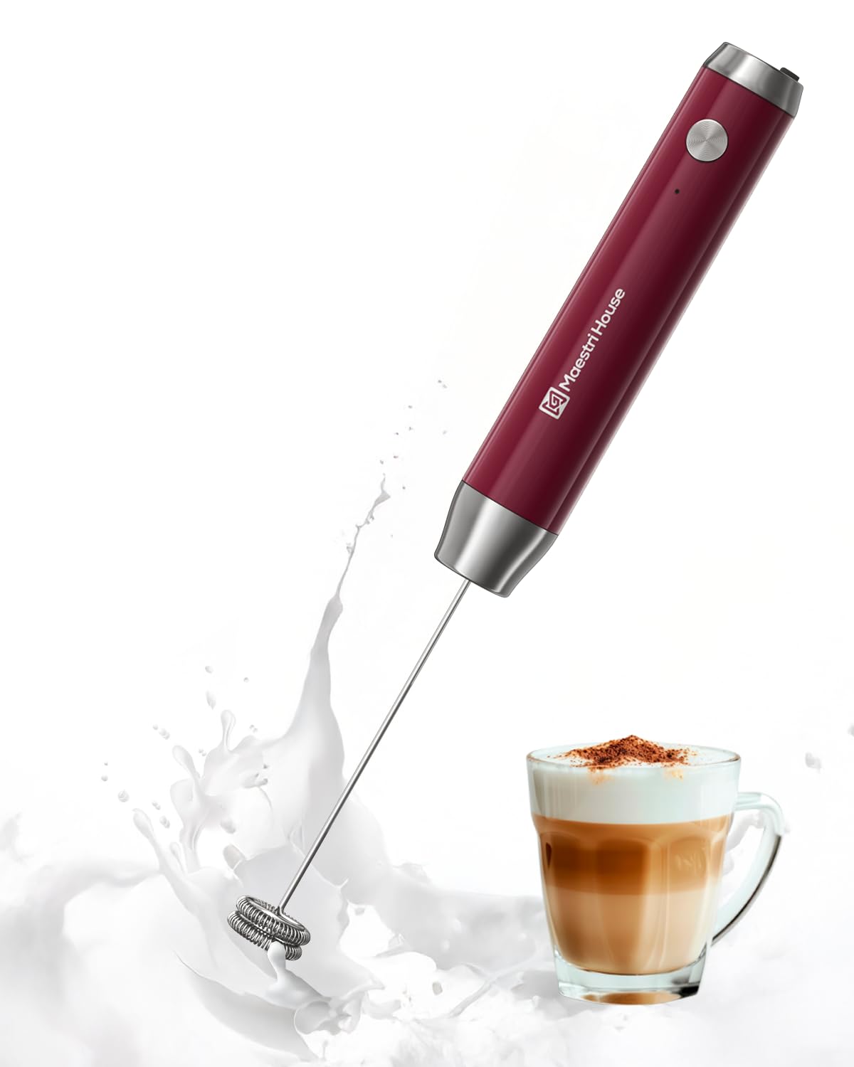Maestri House Rechargeable Milk Frother, LunaFro NS Handheld Electric Foam Maker Waterproof Detachable Stainless Steel Whisk Drink Mixer Foamer for Lattes, Cappuccino, No Stand