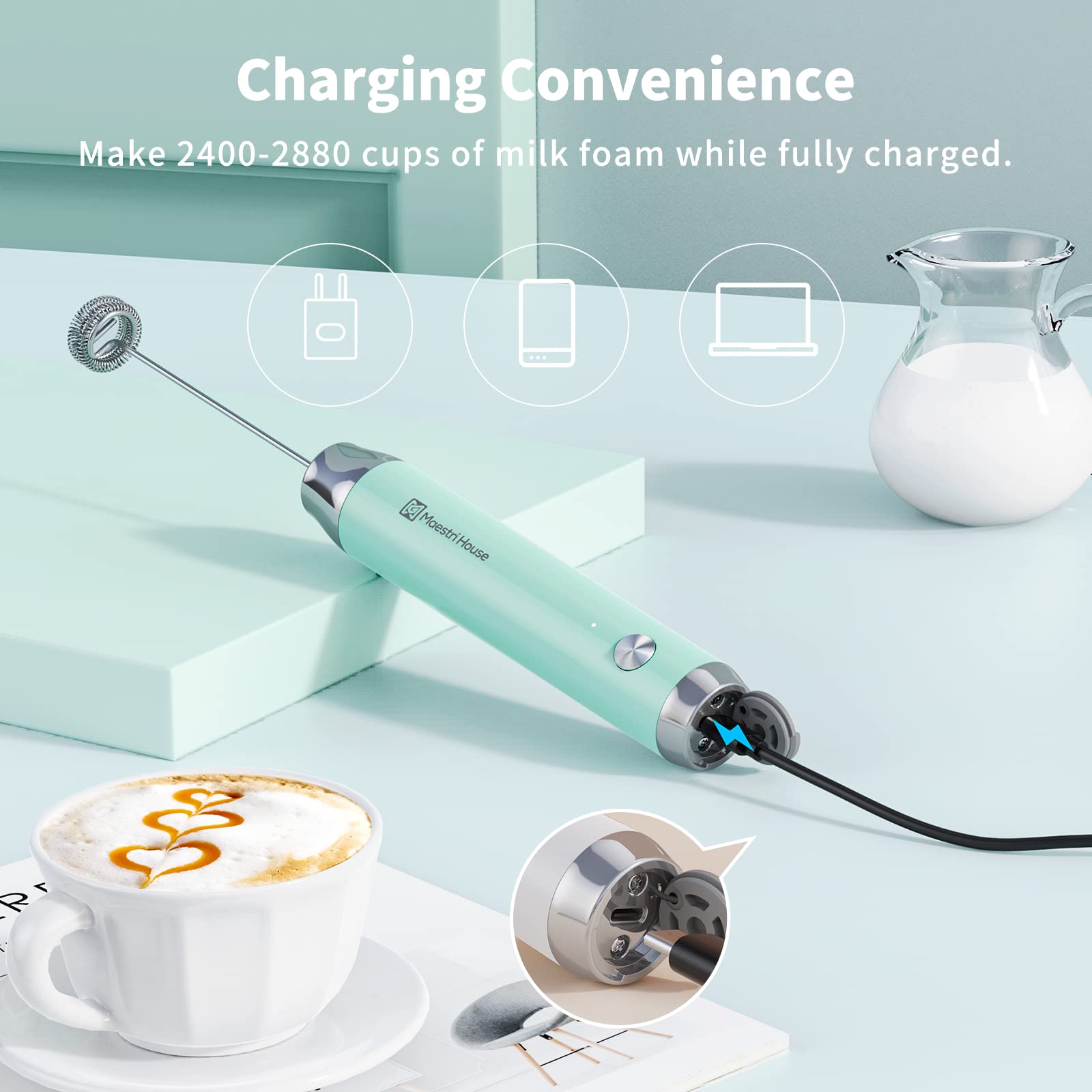 Maestri House Rechargeable Milk Frother, LunaFro NS Handheld Electric Foam Maker Waterproof Detachable Stainless Steel Whisk Drink Mixer Foamer for Lattes, Cappuccino, No Stand