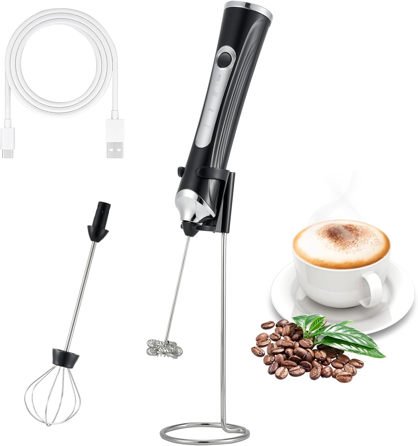 Handheld Electric Milk Frother with 2 Heads, Coffee Whisk Foam Mixer with USB Rechargeable 3 Speeds, Foam Maker Blender for Latte, Cappuccino, Hot Chocolate, Egg (Black)