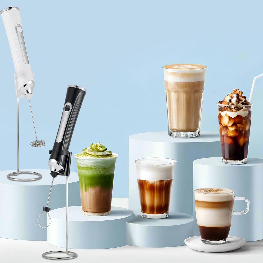 Handheld Electric Milk Frother with 2 Heads, Coffee Whisk Foam Mixer with USB Rechargeable 3 Speeds, Foam Maker Blender for Latte, Cappuccino, Hot Chocolate, Egg (Black)