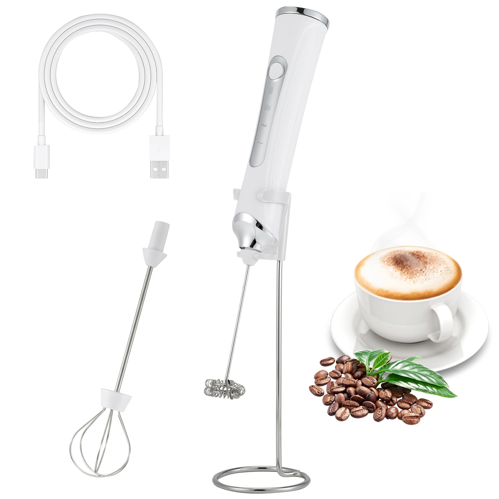 Handheld Electric Milk Frother with 2 Heads, Coffee Whisk Foam Mixer with USB Rechargeable 3 Speeds, Foam Maker Blender for Latte, Cappuccino, Hot Chocolate, Egg (Black)