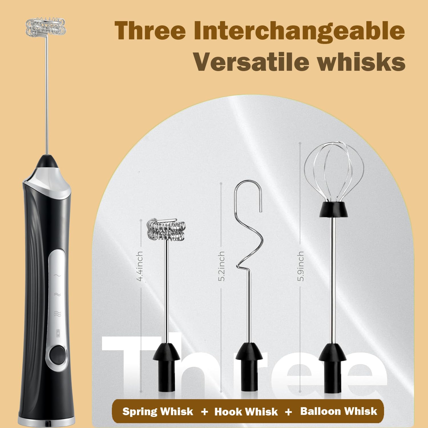 Handheld Electric Milk Frother with 2 Heads, Coffee Whisk Foam Mixer with USB Rechargeable 3 Speeds, Foam Maker Blender for Latte, Cappuccino, Hot Chocolate, Egg (Black)