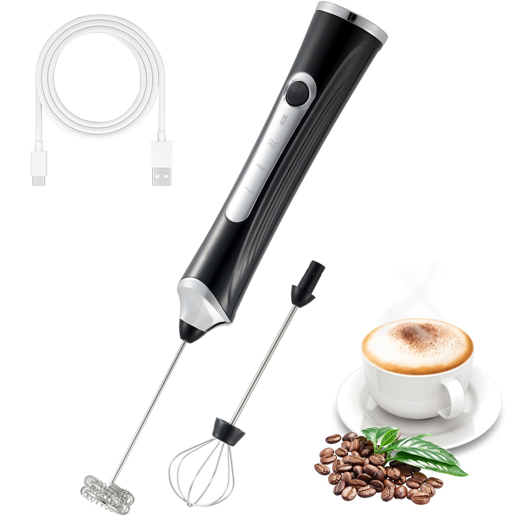 Handheld Electric Milk Frother with 2 Heads, Coffee Whisk Foam Mixer with USB Rechargeable 3 Speeds, Foam Maker Blender for Latte, Cappuccino, Hot Chocolate, Egg (Black)