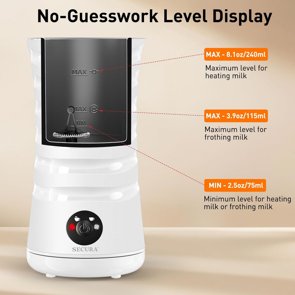 Secura Electric Milk Frother, Automatic Milk Steamer, 4-IN-1 Hot & Cold Foam Maker-8.4oz/240ml Milk Warmer for Latte, Cappuccinos, Macchiato with Silicone Spatula, Silent Operation & Shut-off