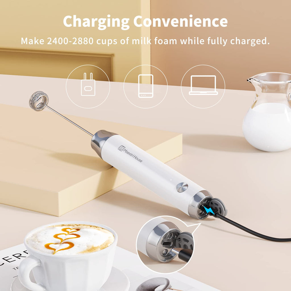 Maestri House Rechargeable Milk Frother, LunaFro NS Handheld Electric Foam Maker Waterproof Detachable Stainless Steel Whisk Drink Mixer Foamer for Lattes, Cappuccino, No Stand