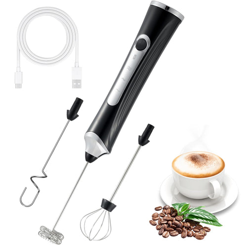 Handheld Electric Milk Frother with 2 Heads, Coffee Whisk Foam Mixer with USB Rechargeable 3 Speeds, Foam Maker Blender for Latte, Cappuccino, Hot Chocolate, Egg (Black)