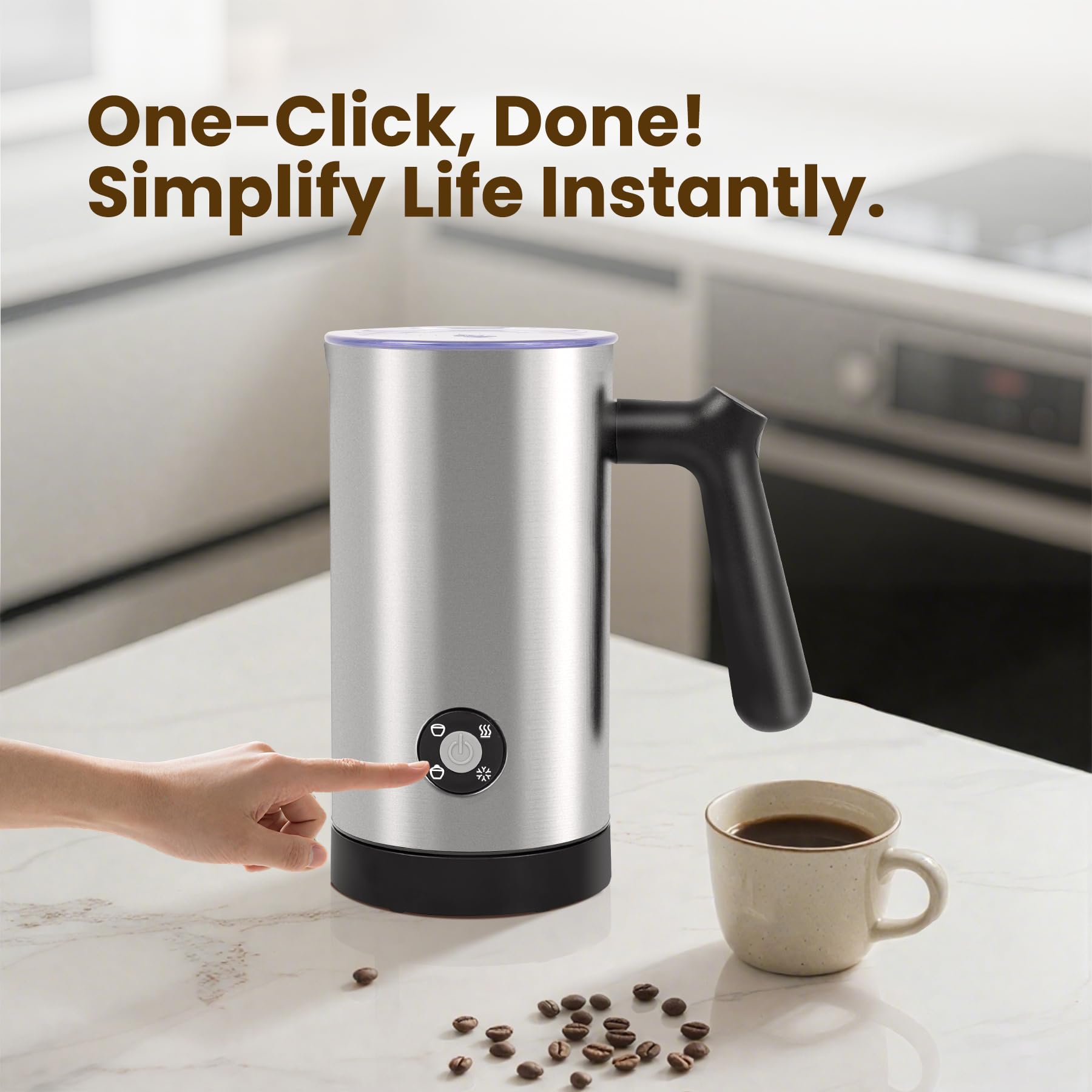 Milk Frother, 4-in-1 Milk Frother and Steamer, 10.6oz Electric Milk Steamer, Automatic Cold and Hot Foam maker for Lattes, Cappuccinos, Ceramic Lining Interior (Polished)