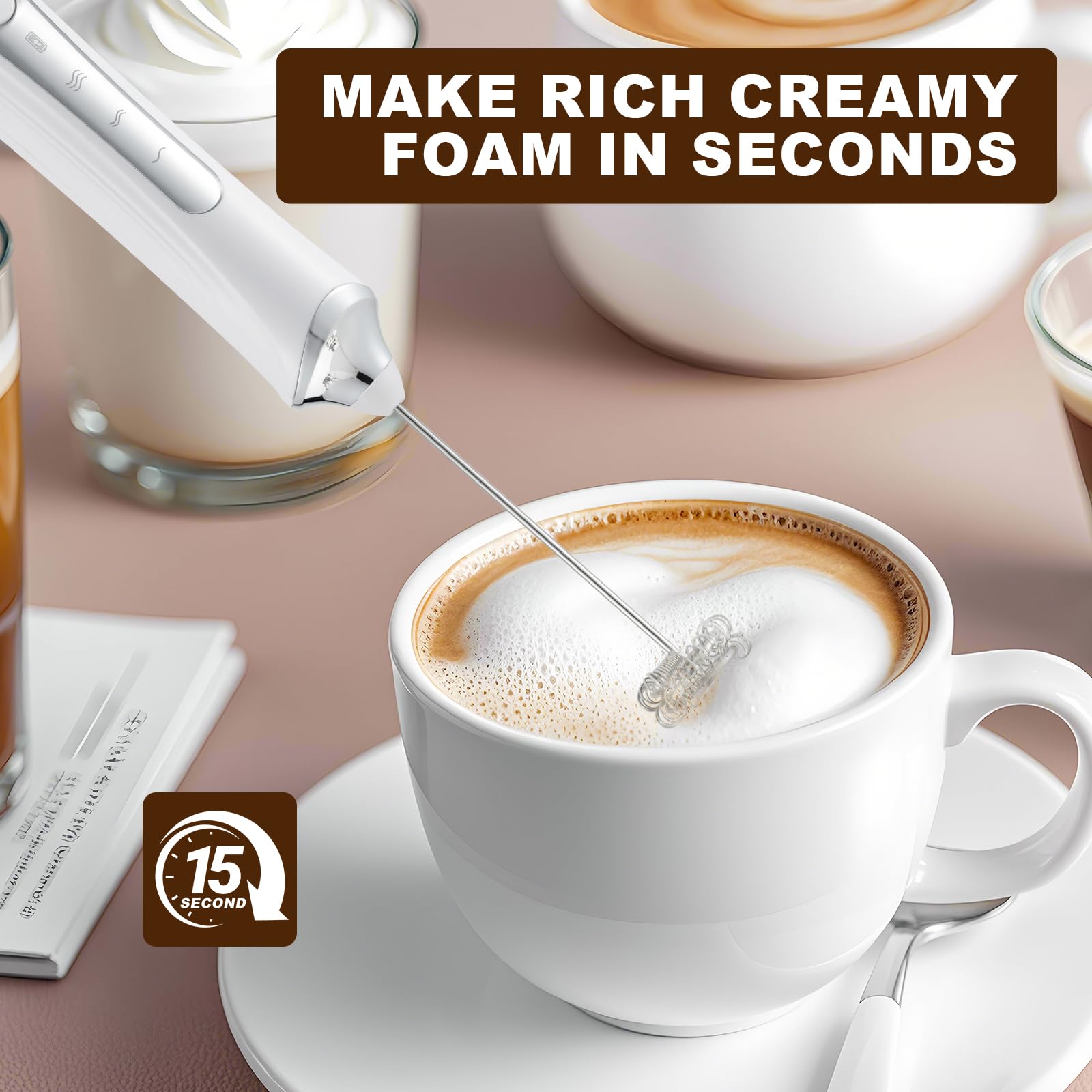 Handheld Electric Milk Frother with 2 Heads, Coffee Whisk Foam Mixer with USB Rechargeable 3 Speeds, Foam Maker Blender for Latte, Cappuccino, Hot Chocolate, Egg (Black)