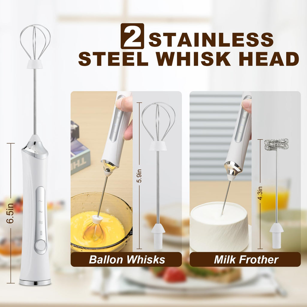 Handheld Electric Milk Frother with 2 Heads, Coffee Whisk Foam Mixer with USB Rechargeable 3 Speeds, Foam Maker Blender for Latte, Cappuccino, Hot Chocolate, Egg (Black)