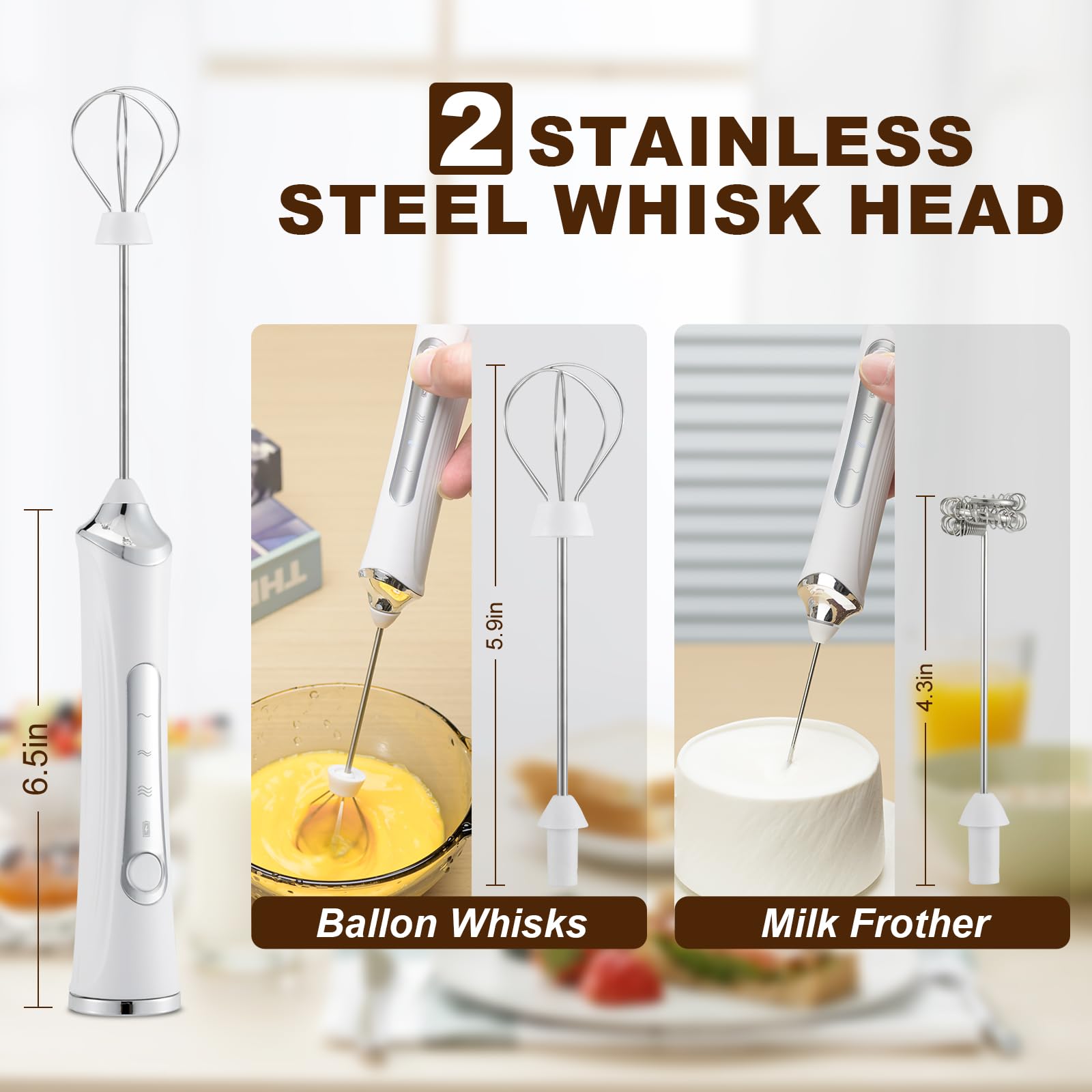 Handheld Electric Milk Frother with 2 Heads, Coffee Whisk Foam Mixer with USB Rechargeable 3 Speeds, Foam Maker Blender for Latte, Cappuccino, Hot Chocolate, Egg (Black)