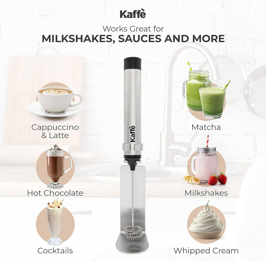 Kaffe Rechargeable Milk Frother w/Stand (12,000 RPM) - USB-C & New Upgraded Motor - Includes Two Whisk Sizes and Charging Cable - Milk Frother Handheld for Coffee - Milk Frothing Wand for Espresso