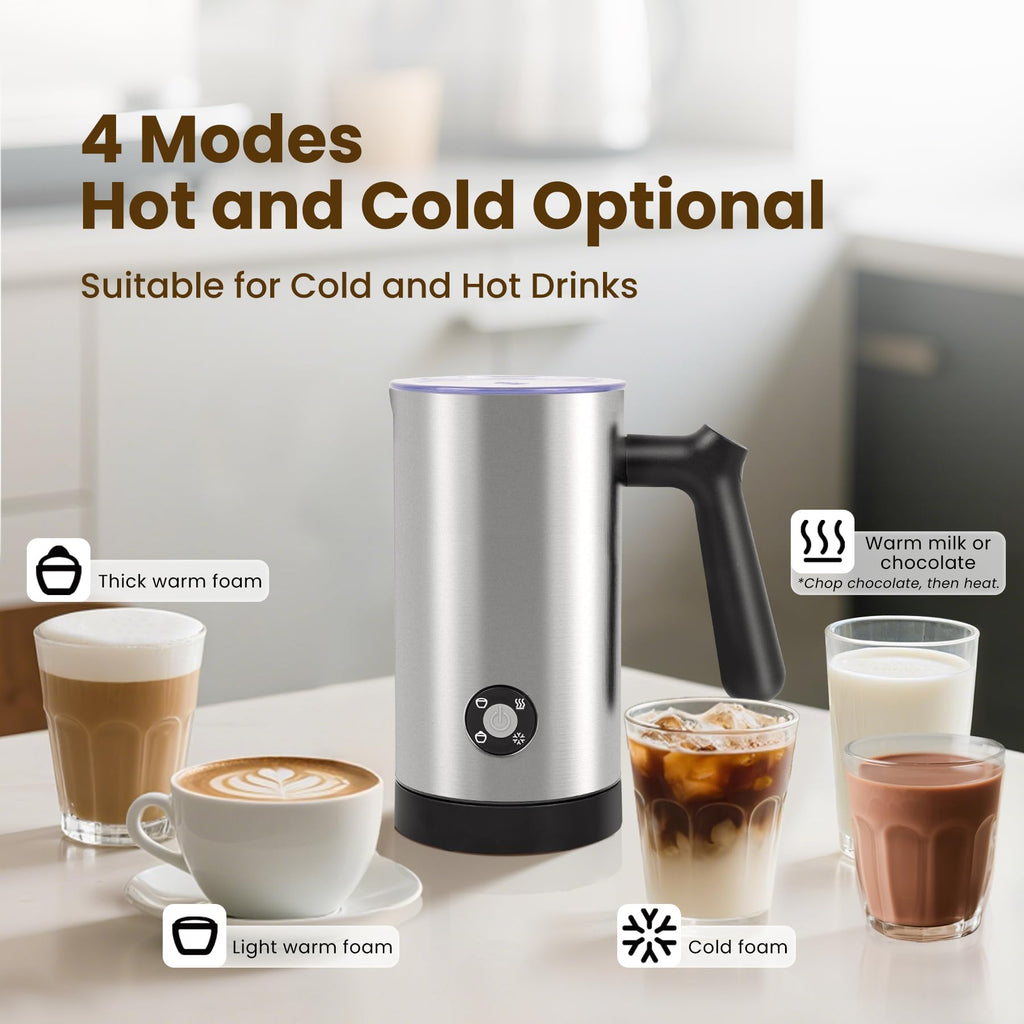 Milk Frother, 4-in-1 Milk Frother and Steamer, 10.6oz Electric Milk Steamer, Automatic Cold and Hot Foam maker for Lattes, Cappuccinos, Ceramic Lining Interior (Polished)