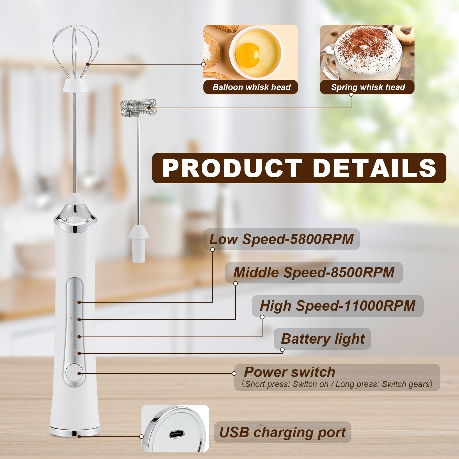 Handheld Electric Milk Frother with 2 Heads, Coffee Whisk Foam Mixer with USB Rechargeable 3 Speeds, Foam Maker Blender for Latte, Cappuccino, Hot Chocolate, Egg (Black)