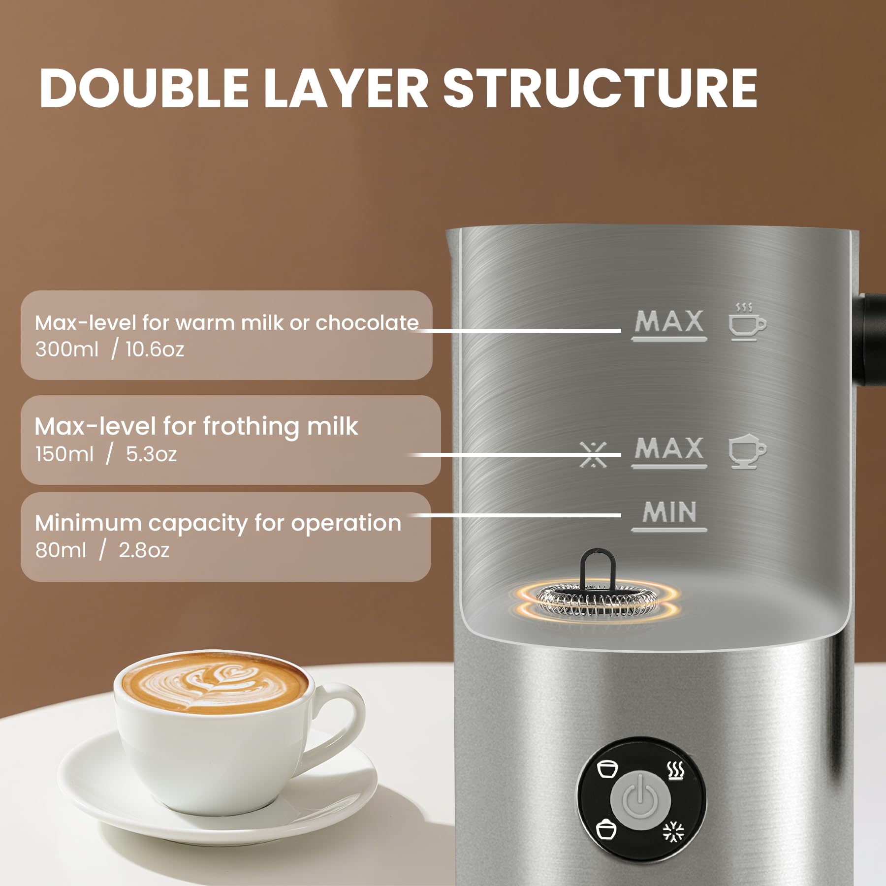 Milk Frother, 4-in-1 Milk Frother and Steamer, 10.6oz Electric Milk Steamer, Automatic Cold and Hot Foam maker for Lattes, Cappuccinos, Ceramic Lining Interior (Polished)