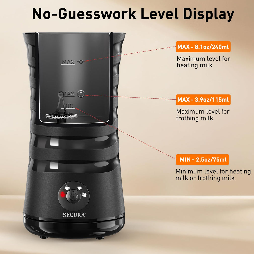 Secura Electric Milk Frother, Automatic Milk Steamer, 4-IN-1 Hot & Cold Foam Maker-8.4oz/240ml Milk Warmer for Latte, Cappuccinos, Macchiato with Silicone Spatula, Silent Operation & Shut-off