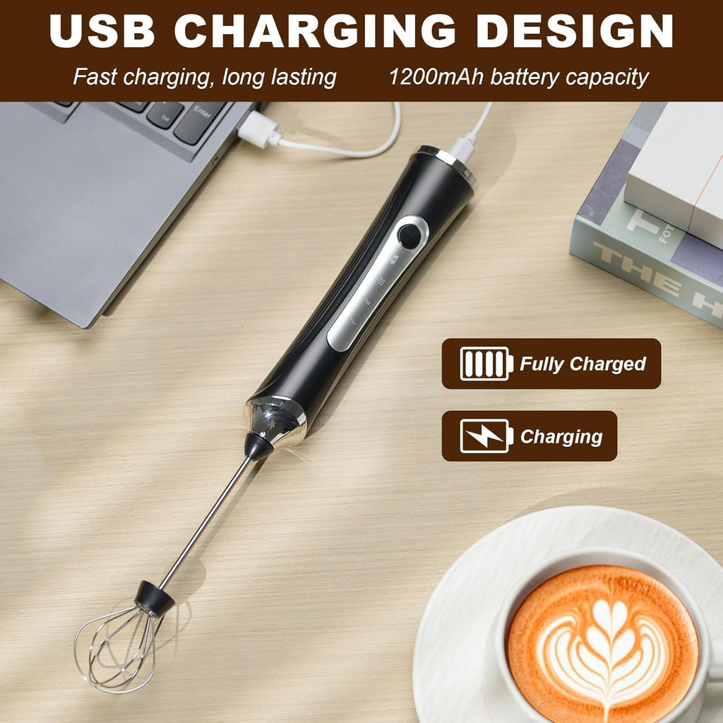 Handheld Electric Milk Frother with 2 Heads, Coffee Whisk Foam Mixer with USB Rechargeable 3 Speeds, Foam Maker Blender for Latte, Cappuccino, Hot Chocolate, Egg (Black)