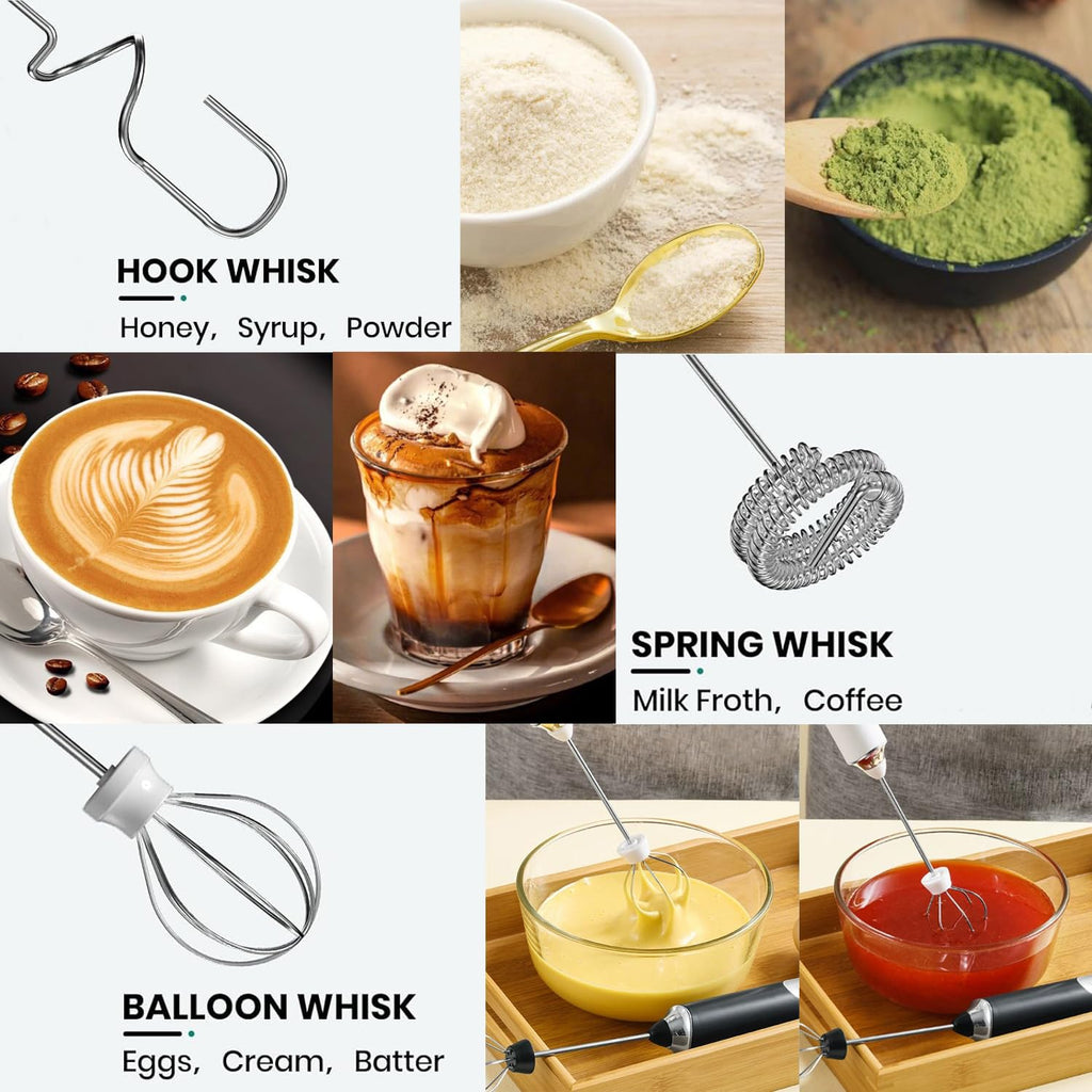 Handheld Electric Milk Frother with 2 Heads, Coffee Whisk Foam Mixer with USB Rechargeable 3 Speeds, Foam Maker Blender for Latte, Cappuccino, Hot Chocolate, Egg (Black)