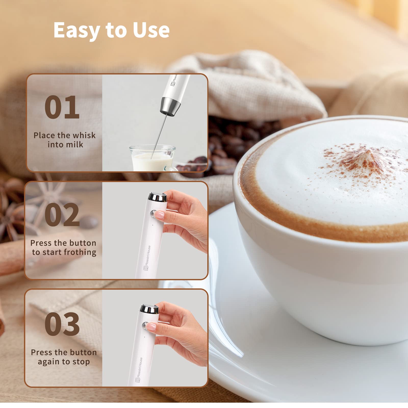 Maestri House Rechargeable Milk Frother, LunaFro NS Handheld Electric Foam Maker Waterproof Detachable Stainless Steel Whisk Drink Mixer Foamer for Lattes, Cappuccino, No Stand