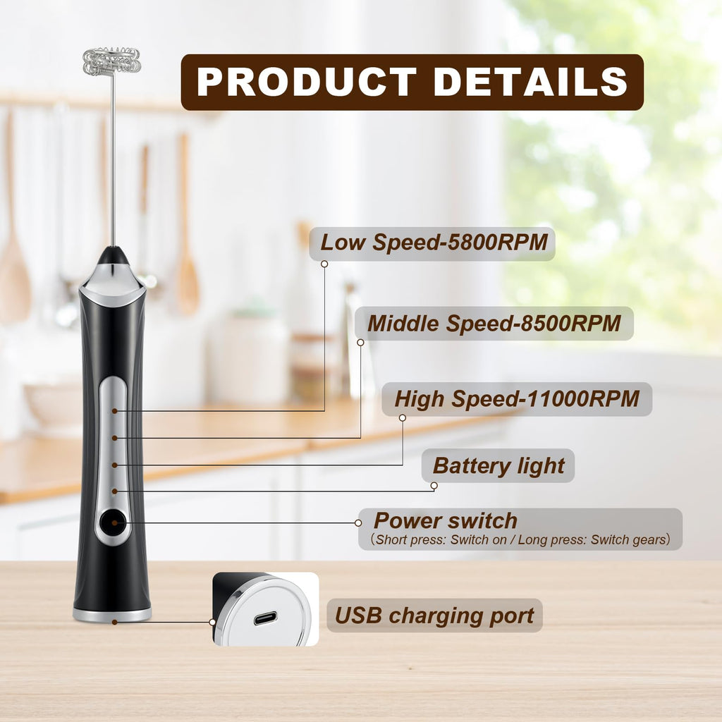 Handheld Electric Milk Frother with 2 Heads, Coffee Whisk Foam Mixer with USB Rechargeable 3 Speeds, Foam Maker Blender for Latte, Cappuccino, Hot Chocolate, Egg (Black)