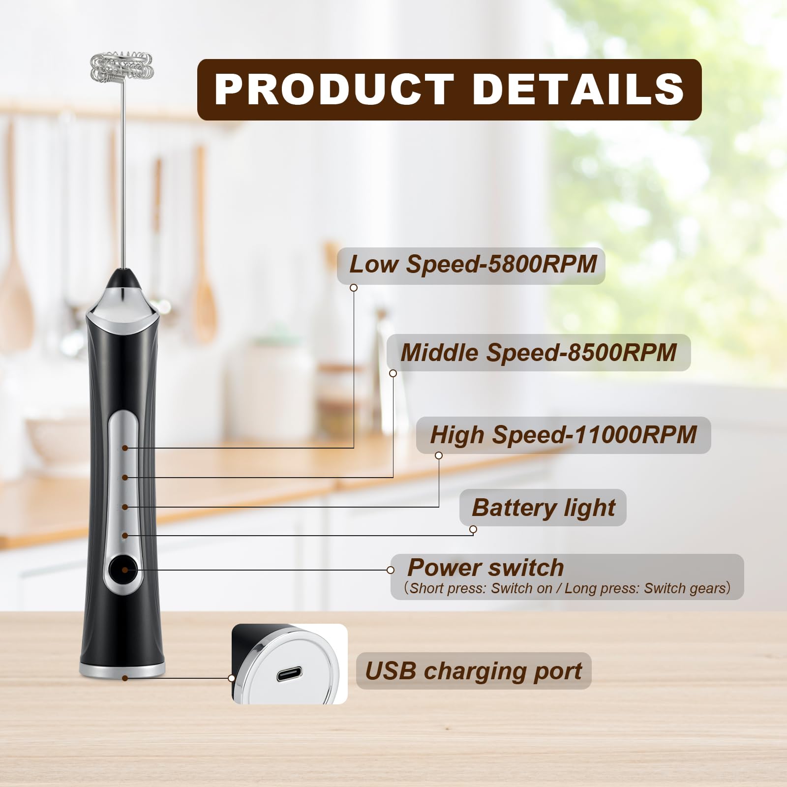 Handheld Electric Milk Frother with 2 Heads, Coffee Whisk Foam Mixer with USB Rechargeable 3 Speeds, Foam Maker Blender for Latte, Cappuccino, Hot Chocolate, Egg (Black)