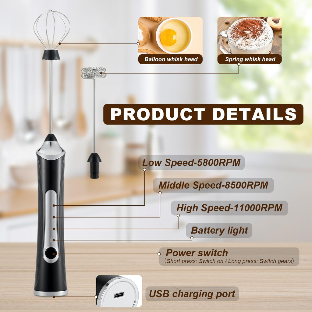 Handheld Electric Milk Frother with 2 Heads, Coffee Whisk Foam Mixer with USB Rechargeable 3 Speeds, Foam Maker Blender for Latte, Cappuccino, Hot Chocolate, Egg (Black)
