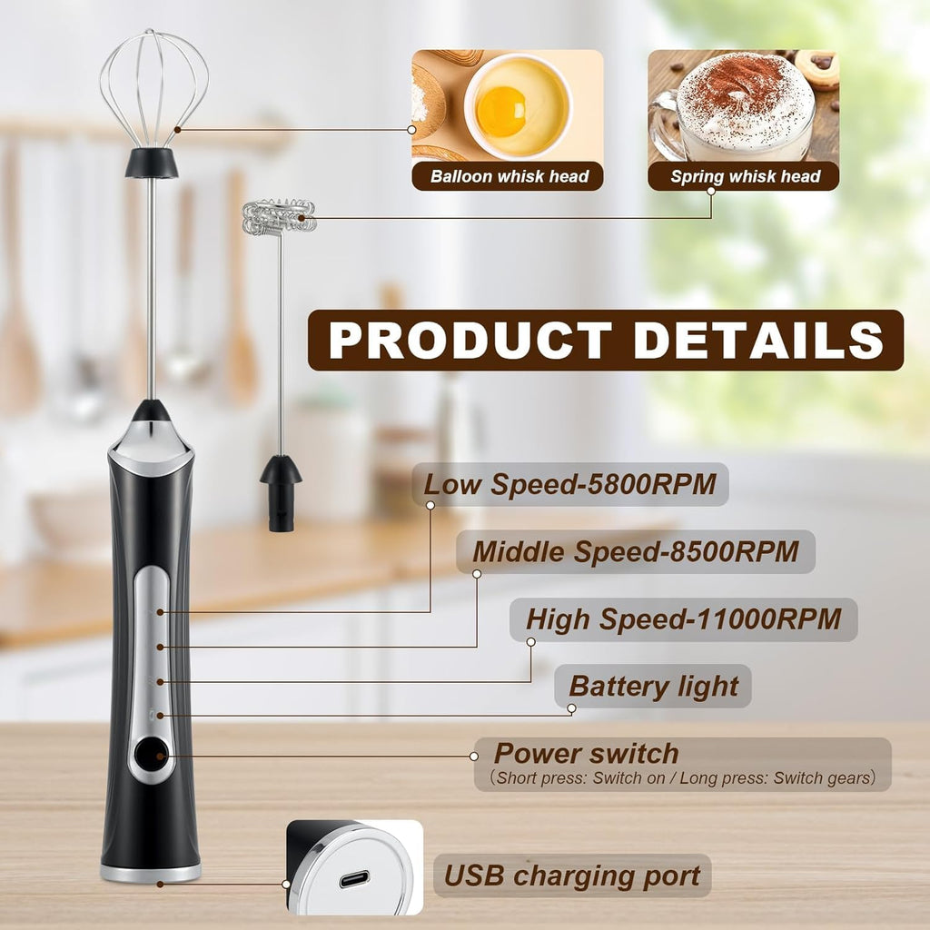 Handheld Electric Milk Frother with 2 Heads, Coffee Whisk Foam Mixer with USB Rechargeable 3 Speeds, Foam Maker Blender for Latte, Cappuccino, Hot Chocolate, Egg (Black)