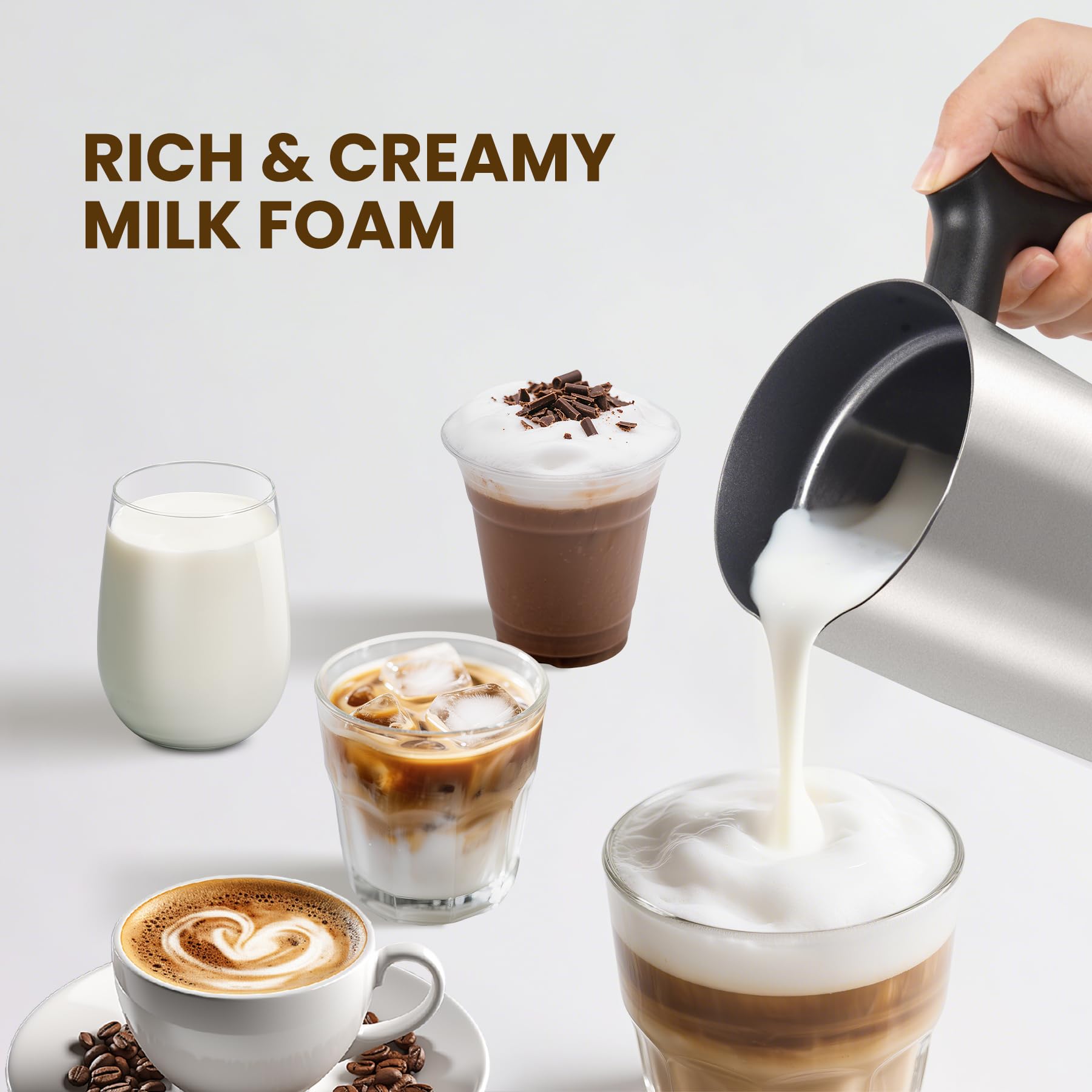 Milk Frother, 4-in-1 Milk Frother and Steamer, 10.6oz Electric Milk Steamer, Automatic Cold and Hot Foam maker for Lattes, Cappuccinos, Ceramic Lining Interior (Polished)