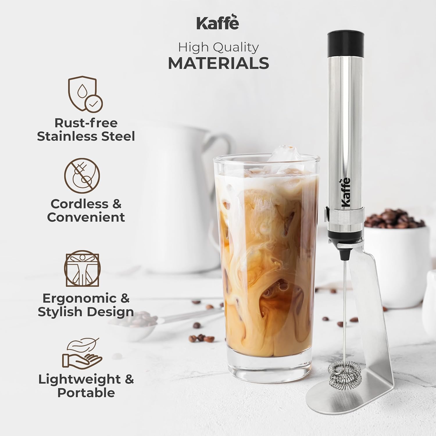 Kaffe Rechargeable Milk Frother w/Stand (12,000 RPM) - USB-C & New Upgraded Motor - Includes Two Whisk Sizes and Charging Cable - Milk Frother Handheld for Coffee - Milk Frothing Wand for Espresso