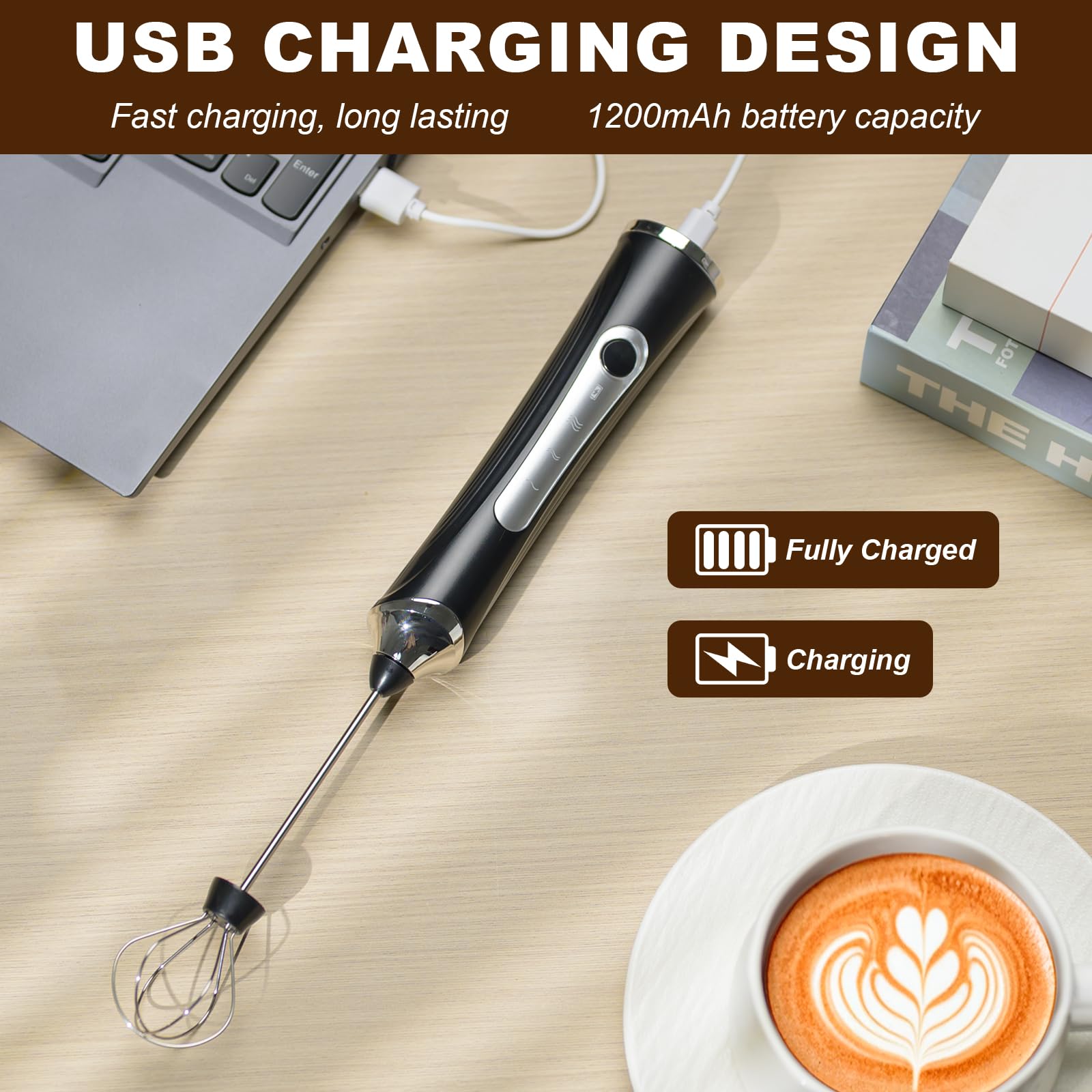 Handheld Electric Milk Frother with 2 Heads, Coffee Whisk Foam Mixer with USB Rechargeable 3 Speeds, Foam Maker Blender for Latte, Cappuccino, Hot Chocolate, Egg (Black)