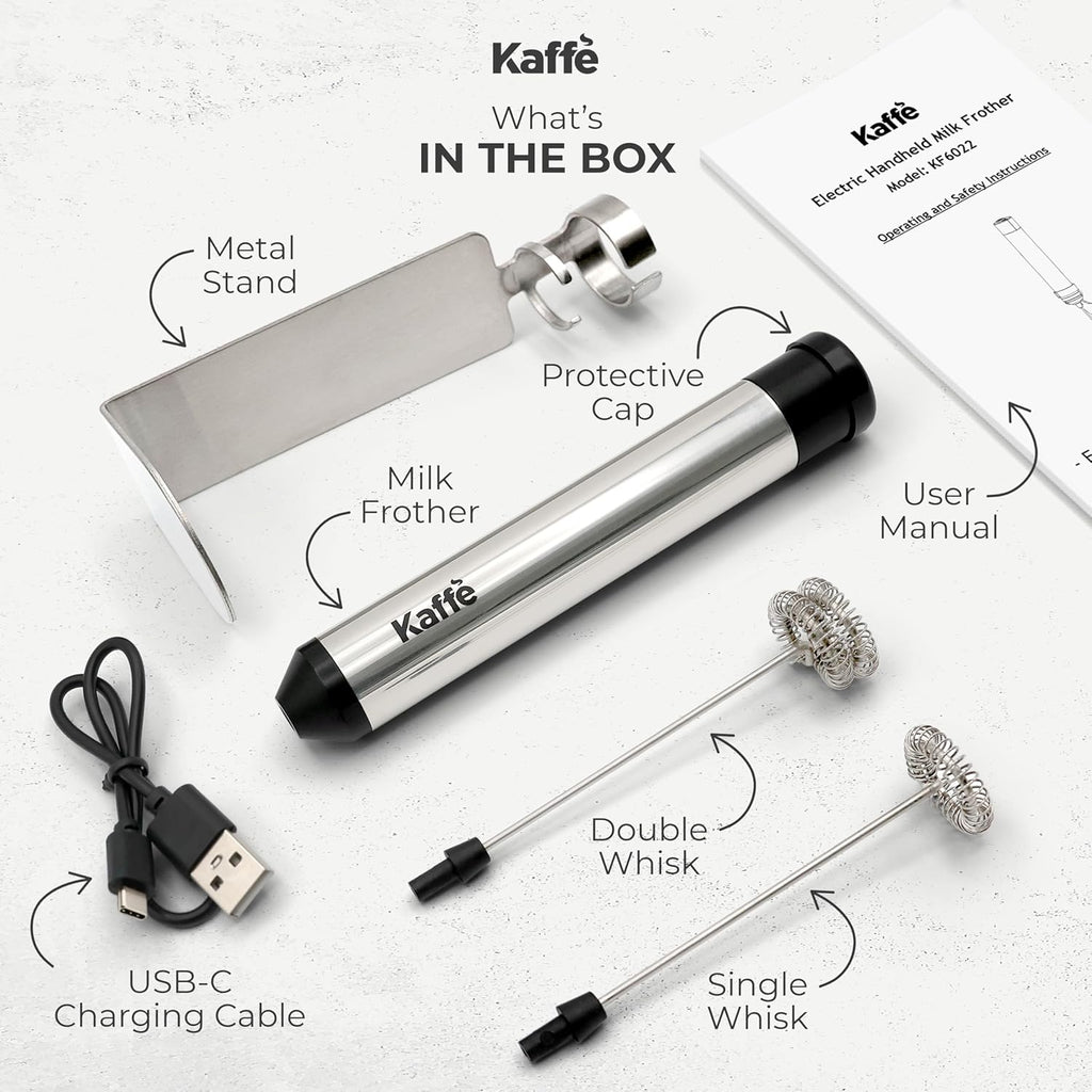 Kaffe Rechargeable Milk Frother w/Stand (12,000 RPM) - USB-C & New Upgraded Motor - Includes Two Whisk Sizes and Charging Cable - Milk Frother Handheld for Coffee - Milk Frothing Wand for Espresso