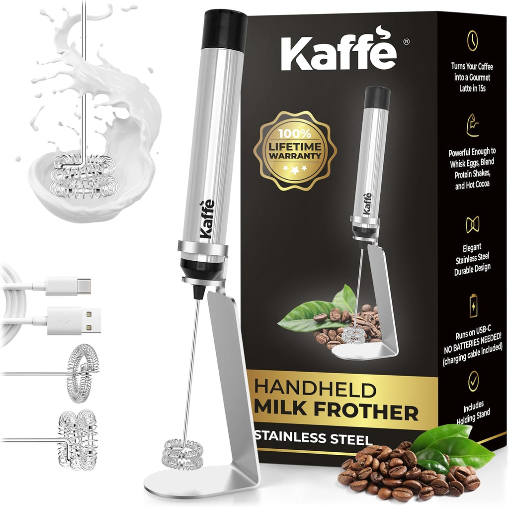 Kaffe Rechargeable Milk Frother w/Stand (12,000 RPM) - USB-C & New Upgraded Motor - Includes Two Whisk Sizes and Charging Cable - Milk Frother Handheld for Coffee - Milk Frothing Wand for Espresso