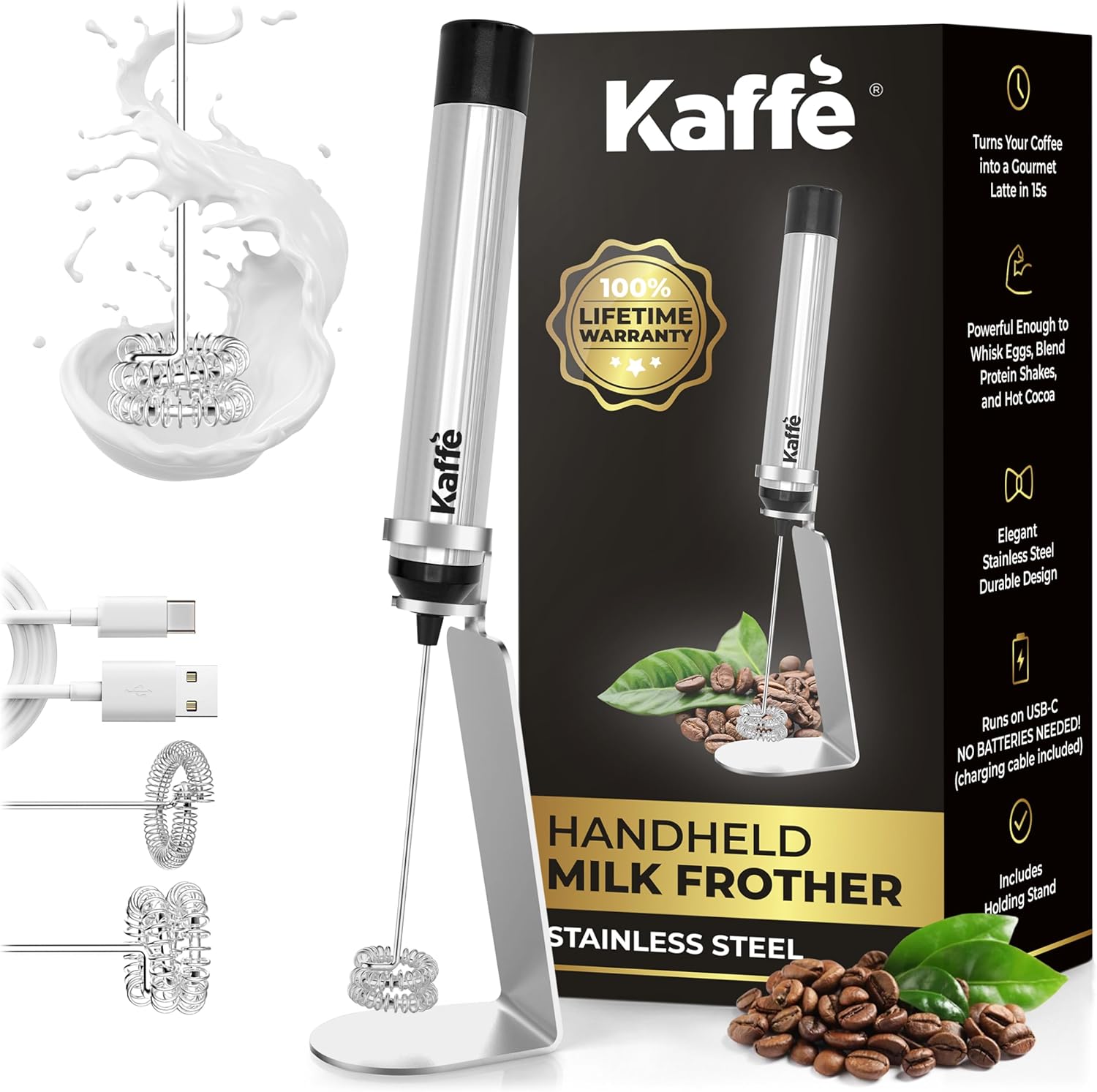 Kaffe Rechargeable Milk Frother w/Stand (12,000 RPM) - USB-C & New Upgraded Motor - Includes Two Whisk Sizes and Charging Cable - Milk Frother Handheld for Coffee - Milk Frothing Wand for Espresso