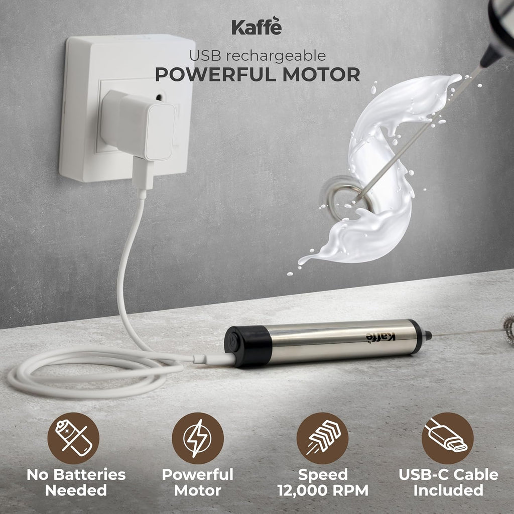 Kaffe Rechargeable Milk Frother w/Stand (12,000 RPM) - USB-C & New Upgraded Motor - Includes Two Whisk Sizes and Charging Cable - Milk Frother Handheld for Coffee - Milk Frothing Wand for Espresso