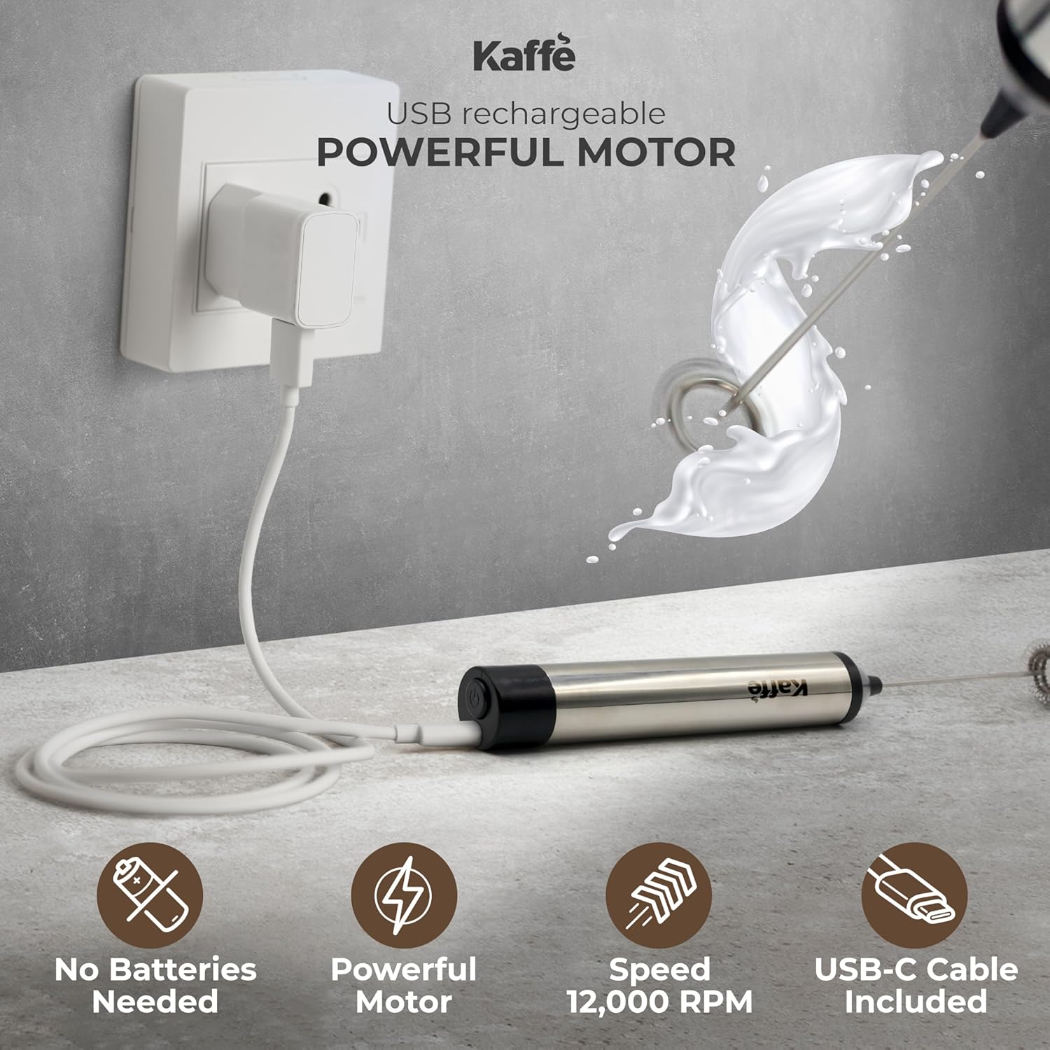 Kaffe Rechargeable Milk Frother w/Stand (12,000 RPM) - USB-C & New Upgraded Motor - Includes Two Whisk Sizes and Charging Cable - Milk Frother Handheld for Coffee - Milk Frothing Wand for Espresso