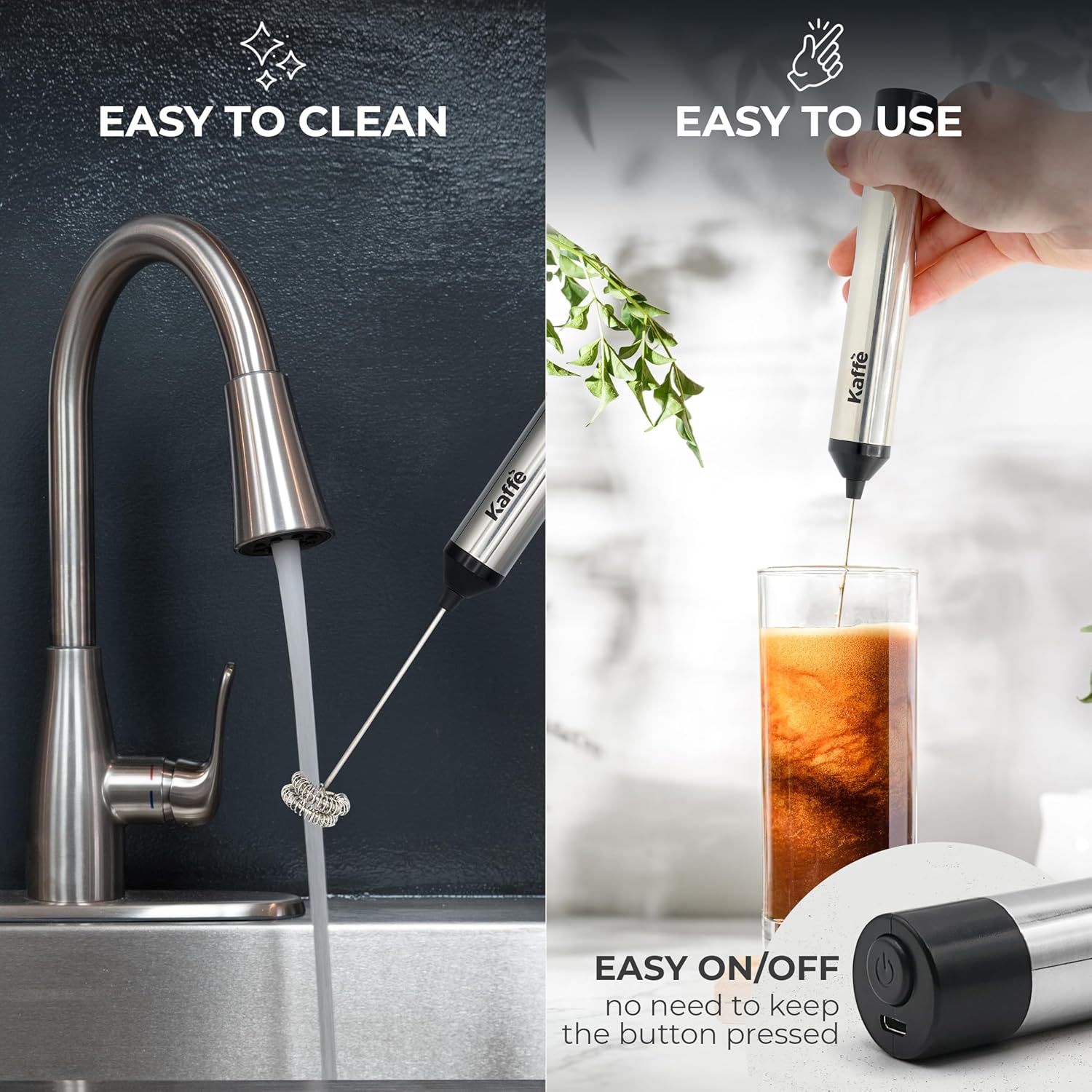 Kaffe Rechargeable Milk Frother w/Stand (12,000 RPM) - USB-C & New Upgraded Motor - Includes Two Whisk Sizes and Charging Cable - Milk Frother Handheld for Coffee - Milk Frothing Wand for Espresso